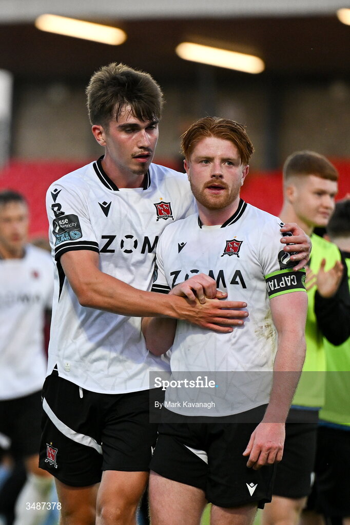 12 June 2026; Aodh Dervin, right, and Eoin Kenny of Dundalk after the SSE Airtricity Men’s Premier Division match between Galway United and Dundalk at Turner's Cross Stadium in Cork. Photo by Mark Kavanagh/Sportsfile