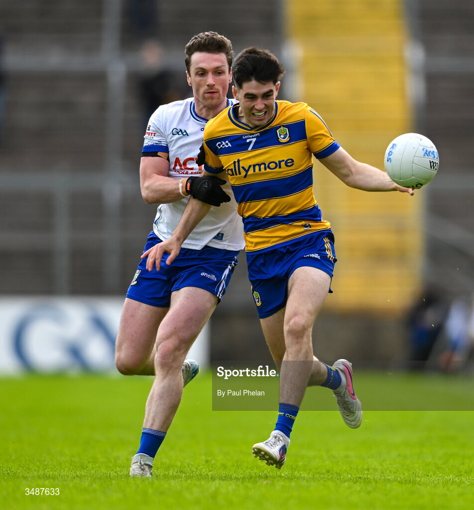 13 June 2026; Senan Lambe of Roscommon in action against Killian Lavelle of Monaghan during the GAA Football All-Ireland Senior Championship Round 2B match between Monaghan and Roscommon at St. Tiernach's Park in Clones, Monaghan. Photo by Paul Phelan/Sportsfile