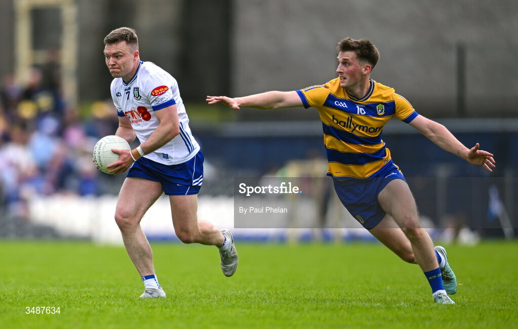 13 June 2026; Conor McCarthy of Monaghan in action against Dylan Ruane of Roscommon during the GAA Football All-Ireland Senior Championship Round 2B match between Monaghan and Roscommon at St. Tiernach's Park in Clones, Monaghan. Photo by Paul Phelan/Sportsfile