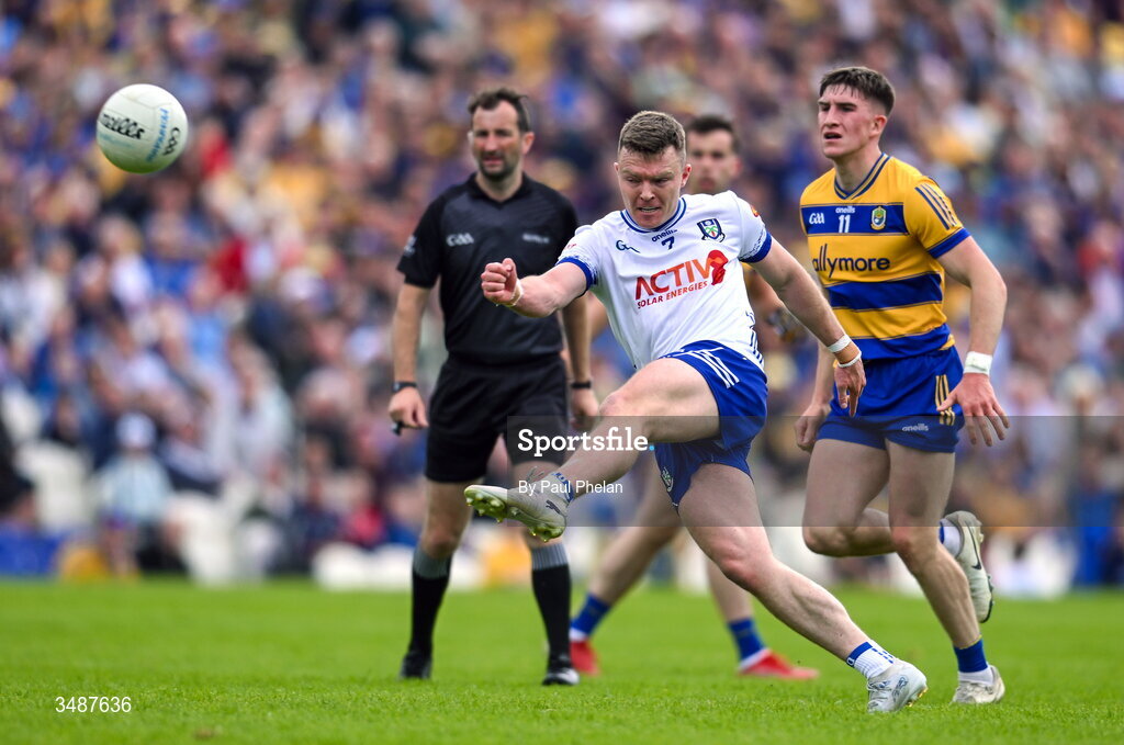 13 June 2026; Conor McCarthy of Monaghan scores a point during the GAA Football All-Ireland Senior Championship Round 2B match between Monaghan and Roscommon at St. Tiernach's Park in Clones, Monaghan. Photo by Paul Phelan/Sportsfile