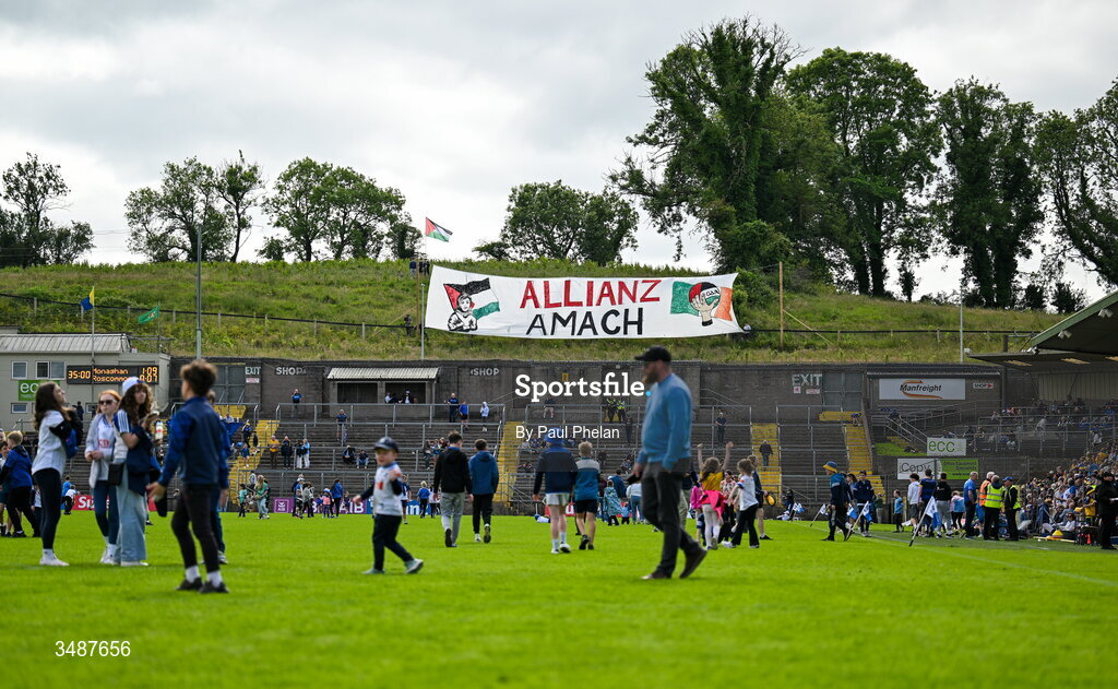 13 June 2026; A banner titled 'Allianz Amach', in protest against Allianz's sponsorship with the GAA, on display at half-time during the GAA Football All-Ireland Senior Championship Round 2B match between Monaghan and Roscommon at St. Tiernach's Park in Clones, Monaghan. Photo by Paul Phelan/Sportsfile