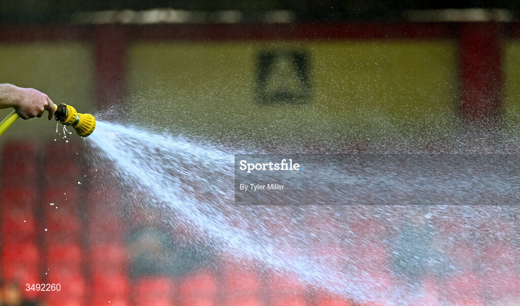 22 June 2026; A groundsperson waters the pitch before the SSE Airtricity Men’s Premier Division match between Shelbourne and Bohemians at Tolka Park in Dublin. Photo by Tyler Miller/Sportsfile