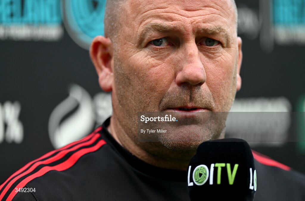 22 June 2026; Bohemians manager Alan Reynolds is interviewed for LOITV before the SSE Airtricity Men’s Premier Division match between Shelbourne and Bohemians at Tolka Park in Dublin. Photo by Tyler Miller/Sportsfile