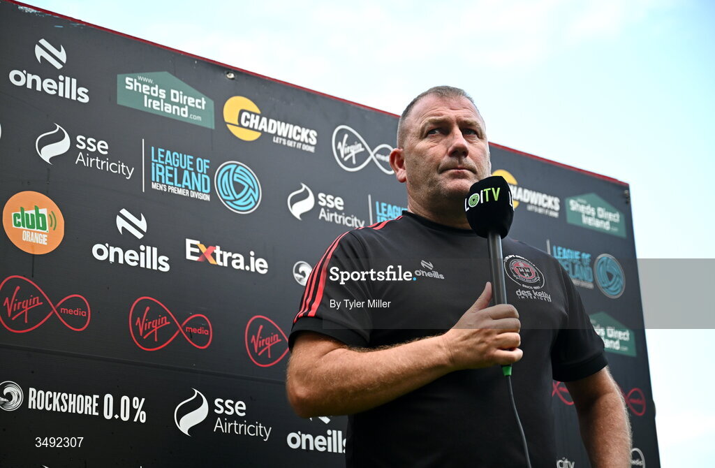 22 June 2026; Bohemians manager Alan Reynolds is interviewed for LOITV before the SSE Airtricity Men’s Premier Division match between Shelbourne and Bohemians at Tolka Park in Dublin. Photo by Tyler Miller/Sportsfile