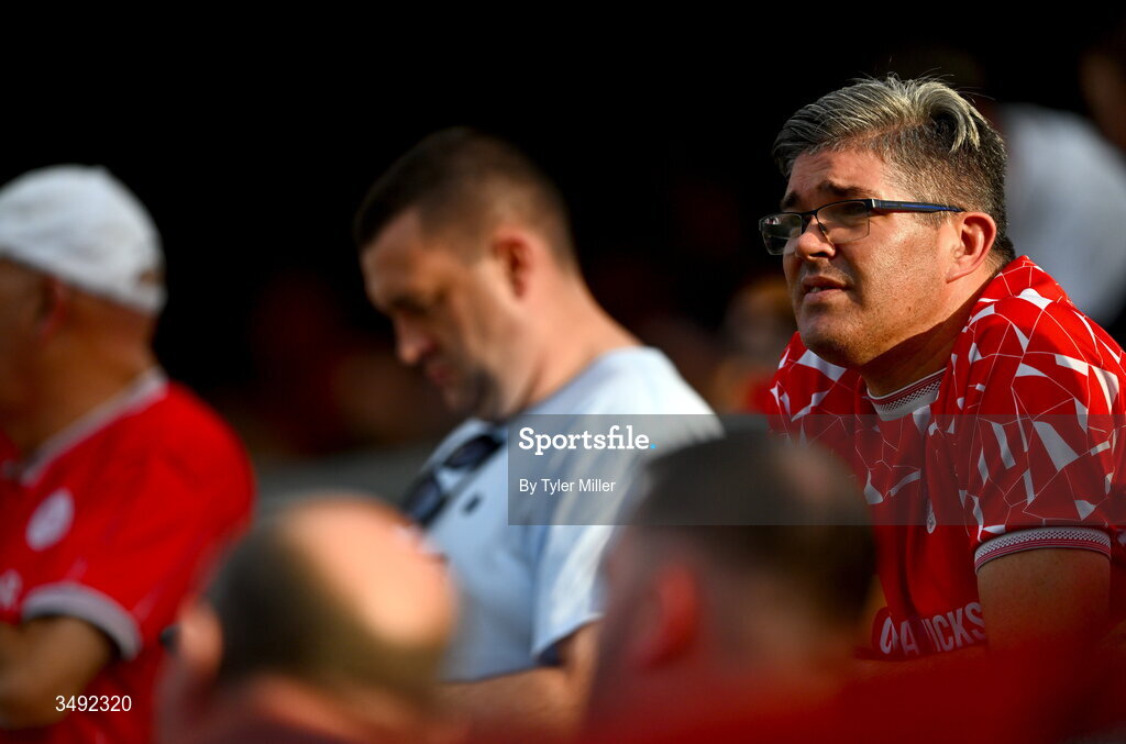 22 June 2026; Shelbourne supporters watch on during the warm-ups before the SSE Airtricity Men’s Premier Division match between Shelbourne and Bohemians at Tolka Park in Dublin. Photo by Tyler Miller/Sportsfile