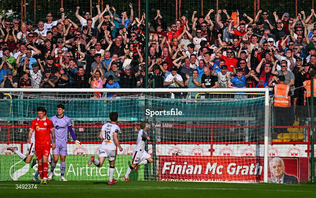 22 June 2026; Bohemians supporters celebrate after Harry Vaughan, bottom right, scored their side's first goal during the SSE Airtricity Men’s Premier Division match between Shelbourne and Bohemians at Tolka Park in Dublin. Photo by Tyler Miller/Sportsfile