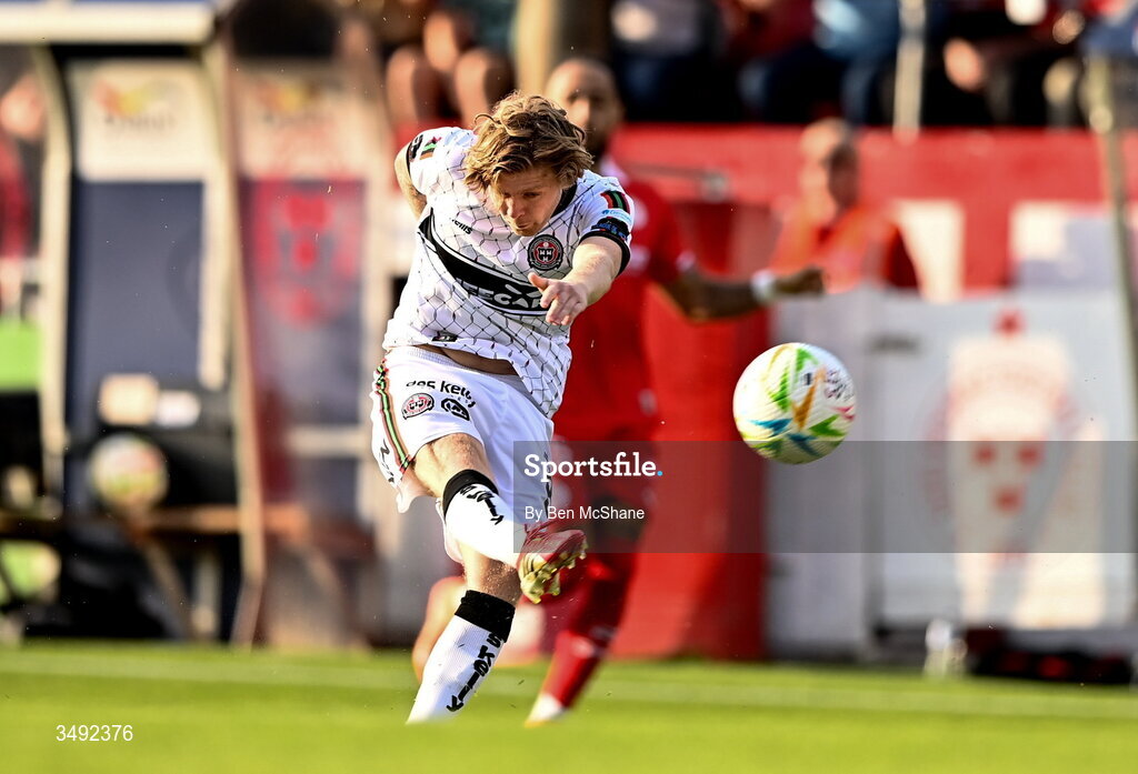 22 June 2026; Harry Vaughan of Bohemians scores his side's first goal during the SSE Airtricity Men’s Premier Division match between Shelbourne and Bohemians at Tolka Park in Dublin. Photo by Ben McShane/Sportsfile