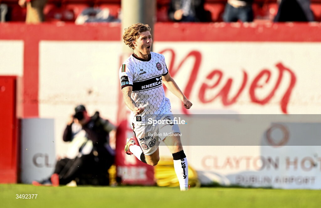 22 June 2026; Harry Vaughan of Bohemians celebrates after scoring his side's first goal during the SSE Airtricity Men’s Premier Division match between Shelbourne and Bohemians at Tolka Park in Dublin. Photo by Ben McShane/Sportsfile