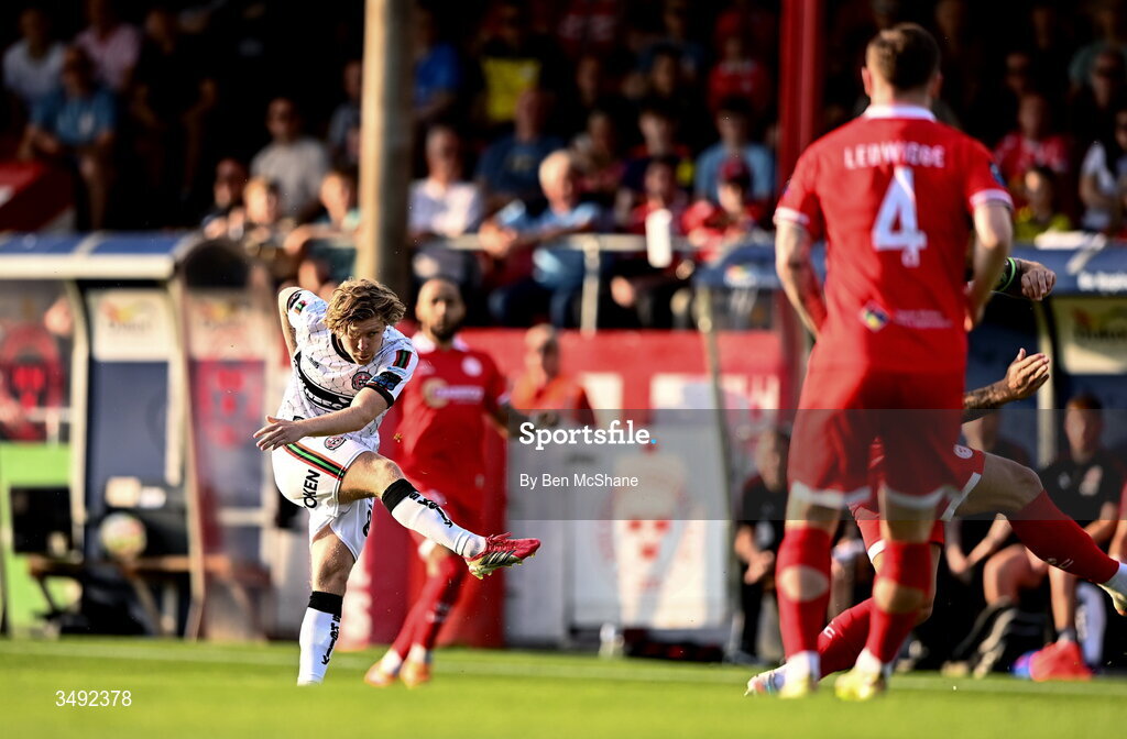 22 June 2026; Harry Vaughan of Bohemians scores his side's first goal during the SSE Airtricity Men’s Premier Division match between Shelbourne and Bohemians at Tolka Park in Dublin. Photo by Ben McShane/Sportsfile