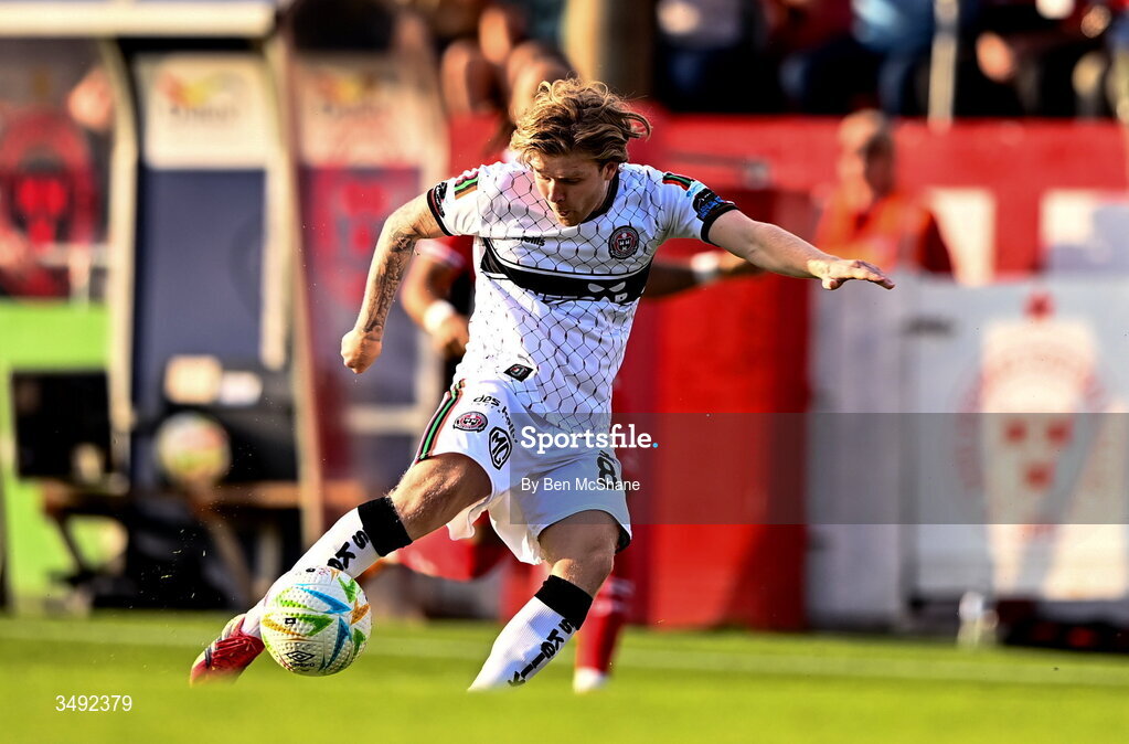 22 June 2026; Harry Vaughan of Bohemians scores his side's first goal during the SSE Airtricity Men’s Premier Division match between Shelbourne and Bohemians at Tolka Park in Dublin. Photo by Ben McShane/Sportsfile