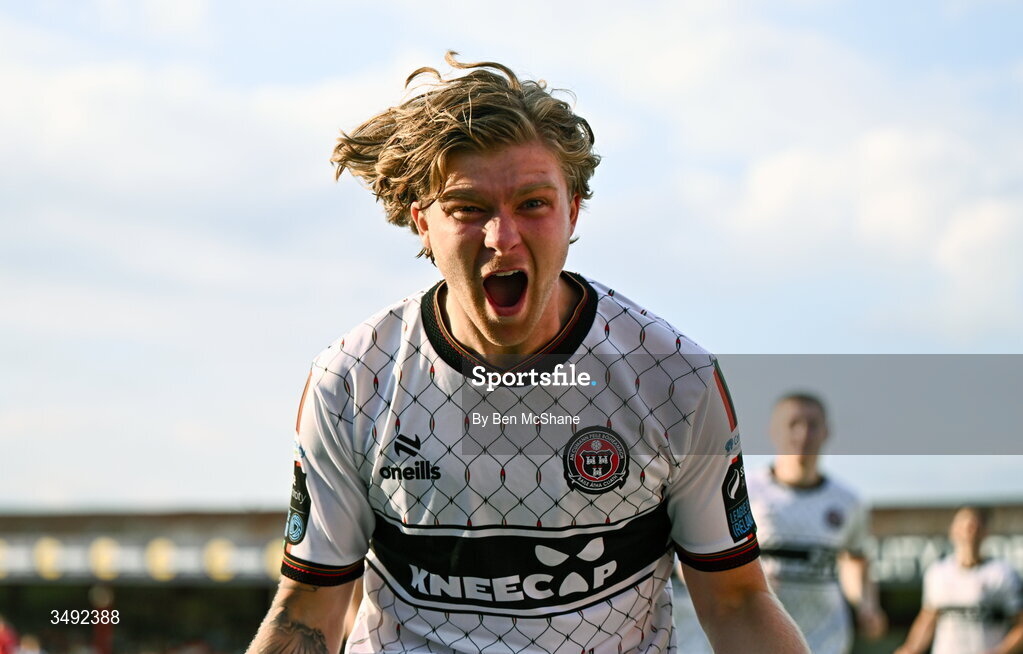 22 June 2026; Harry Vaughan of Bohemians celebrates after scoring his side's first goal during the SSE Airtricity Men’s Premier Division match between Shelbourne and Bohemians at Tolka Park in Dublin. Photo by Ben McShane/Sportsfile
