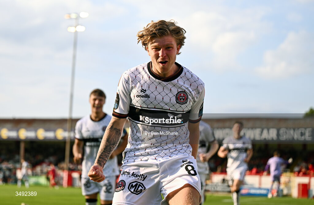 22 June 2026; Harry Vaughan of Bohemians celebrates after scoring his side's first goal during the SSE Airtricity Men’s Premier Division match between Shelbourne and Bohemians at Tolka Park in Dublin. Photo by Ben McShane/Sportsfile