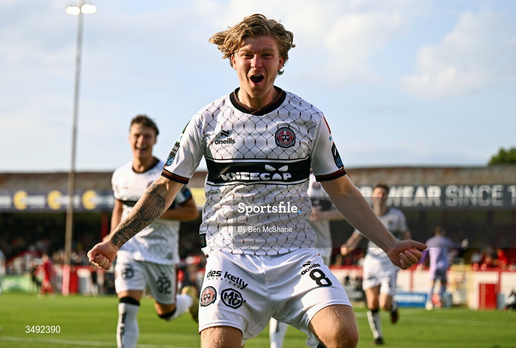 22 June 2026; Harry Vaughan of Bohemians celebrates after scoring his side's first goal during the SSE Airtricity Men’s Premier Division match between Shelbourne and Bohemians at Tolka Park in Dublin. Photo by Ben McShane/Sportsfile