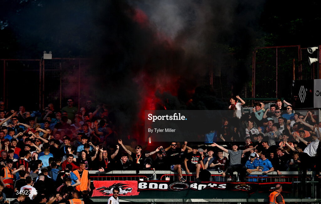22 June 2026; Bohemians supporters celebrate as Harry Vaughan, not pictured, scores their side's first goal during the SSE Airtricity Men’s Premier Division match between Shelbourne and Bohemians at Tolka Park in Dublin. Photo by Tyler Miller/Sportsfile
