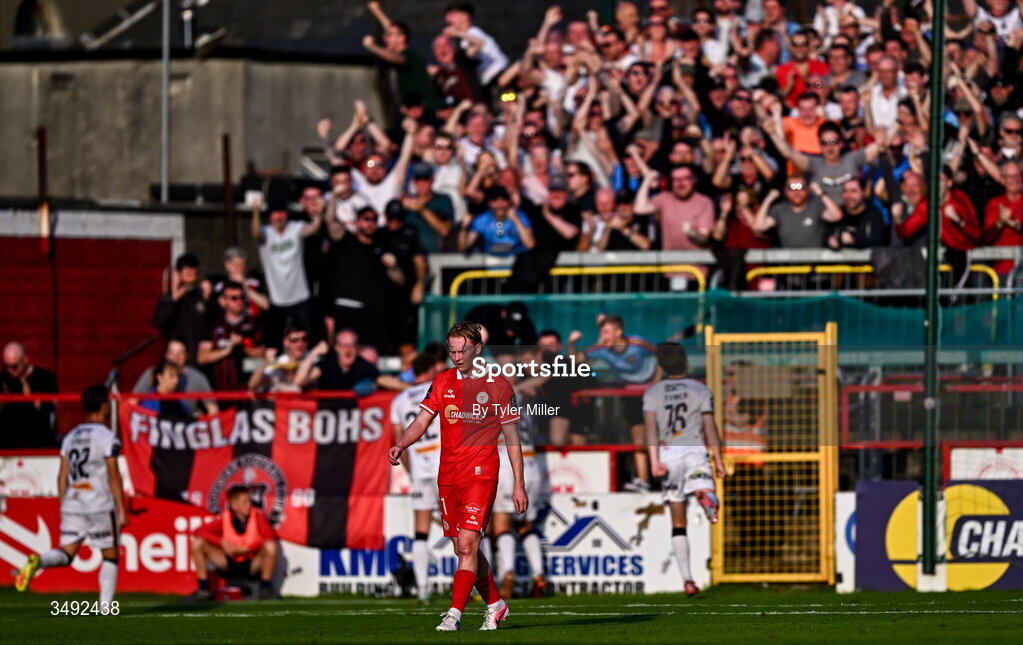 22 June 2026; Jack Henry-Francis of Shelbourne reacts after his side concede a second goal during the SSE Airtricity Men’s Premier Division match between Shelbourne and Bohemians at Tolka Park in Dublin. Photo by Tyler Miller/Sportsfile