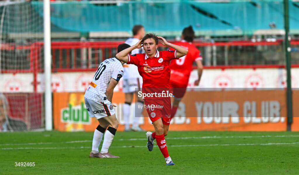 22 June 2026; James Norris of Shelbourne reacts after his side's first goal was disallowed during the SSE Airtricity Men’s Premier Division match between Shelbourne and Bohemians at Tolka Park in Dublin. Photo by Tyler Miller/Sportsfile