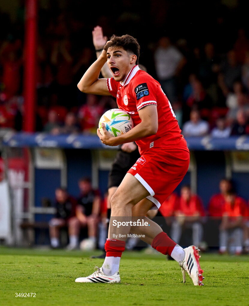 22 June 2026; Rodrigo Freitas of Shelbourne reacts after his goal is disallowed for offside during the SSE Airtricity Men’s Premier Division match between Shelbourne and Bohemians at Tolka Park in Dublin. Photo by Ben McShane/Sportsfile