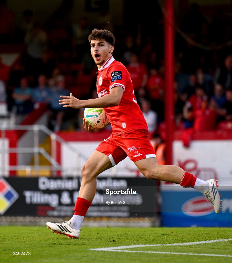 22 June 2026; Rodrigo Freitas of Shelbourne reacts after his goal is disallowed for offside during the SSE Airtricity Men’s Premier Division match between Shelbourne and Bohemians at Tolka Park in Dublin. Photo by Ben McShane/Sportsfile
