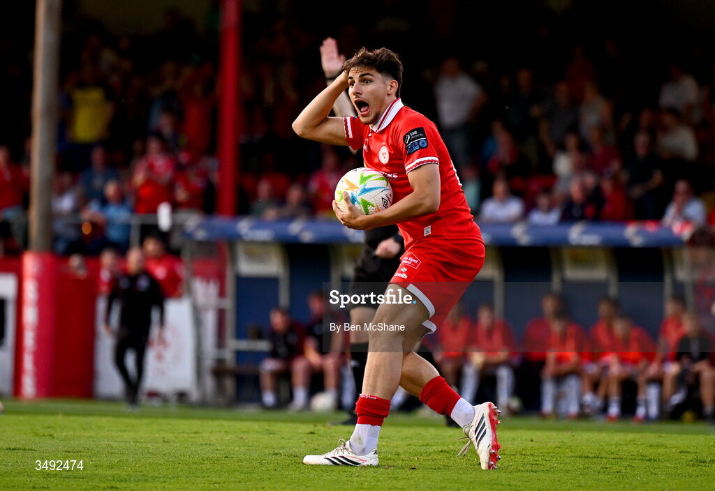 22 June 2026; Rodrigo Freitas of Shelbourne reacts after his goal is disallowed for offside during the SSE Airtricity Men’s Premier Division match between Shelbourne and Bohemians at Tolka Park in Dublin. Photo by Ben McShane/Sportsfile