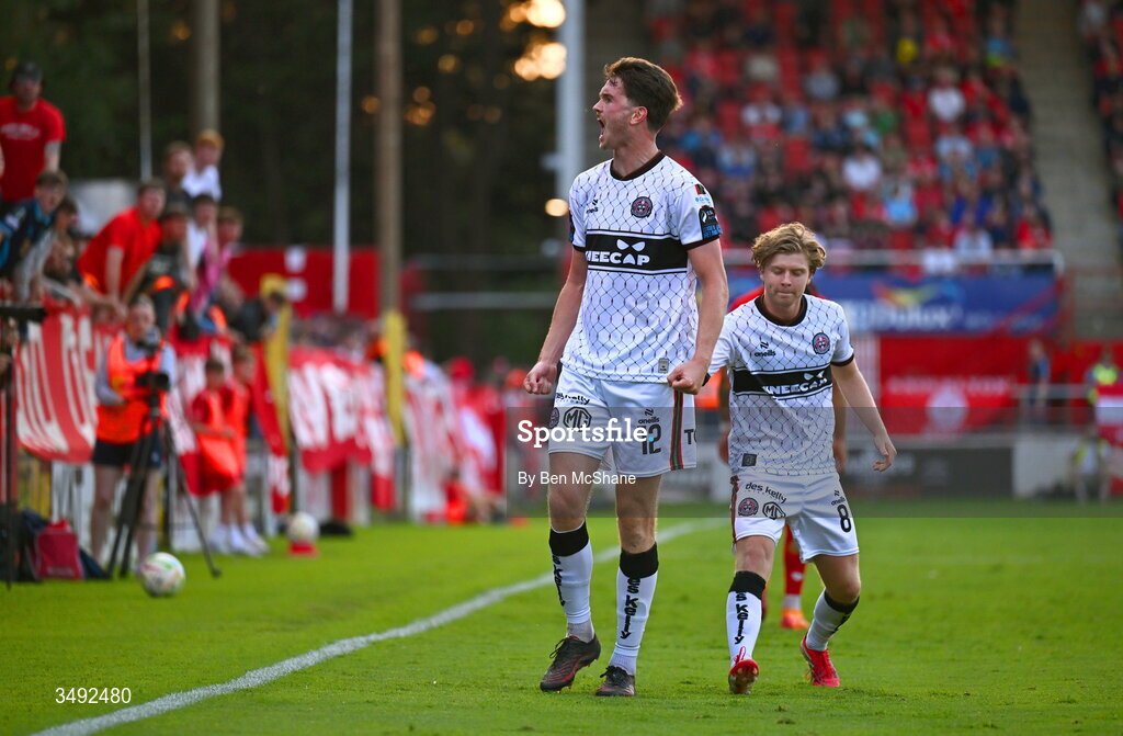 22 June 2026; Patrick Hickey of Bohemians celebrates after winning a foul, toward the Shelbourne supporters, during the SSE Airtricity Men’s Premier Division match between Shelbourne and Bohemians at Tolka Park in Dublin. Photo by Ben McShane/Sportsfile