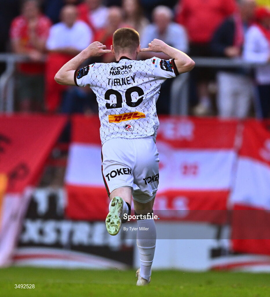 22 June 2026; Ross Tierney of Bohemians celebrates after scoring his side's third goal during the SSE Airtricity Men’s Premier Division match between Shelbourne and Bohemians at Tolka Park in Dublin. Photo by Tyler Miller/Sportsfile