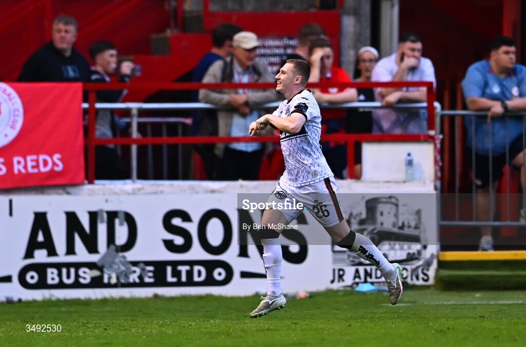 22 June 2026; Ross Tierney of Bohemians celebrates after scoring his side's third goal during the SSE Airtricity Men’s Premier Division match between Shelbourne and Bohemians at Tolka Park in Dublin. Photo by Ben McShane/Sportsfile