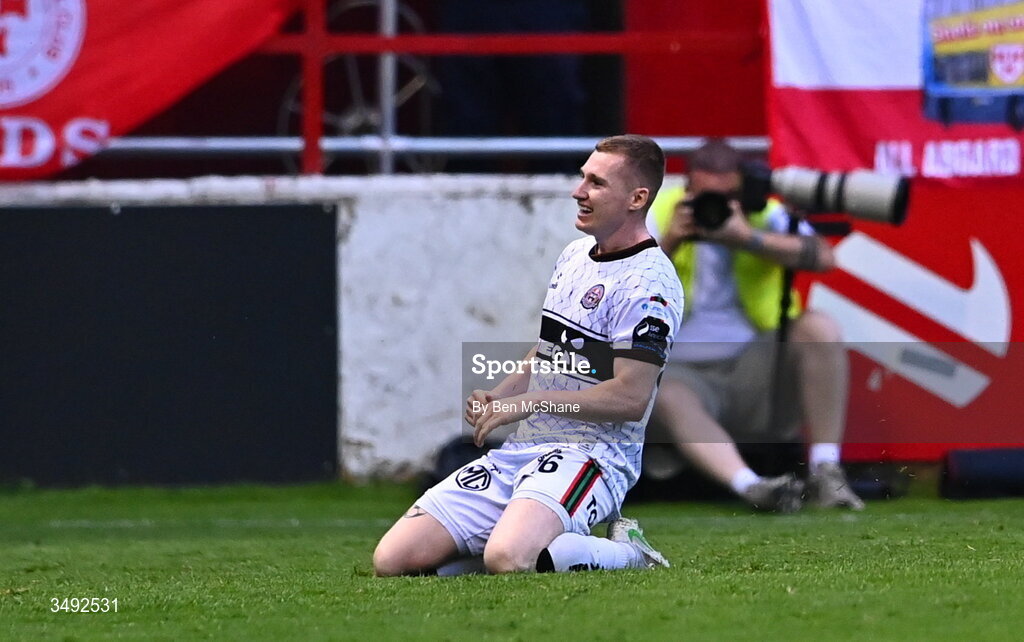 22 June 2026; Ross Tierney of Bohemians celebrates after scoring his side's third goal during the SSE Airtricity Men’s Premier Division match between Shelbourne and Bohemians at Tolka Park in Dublin. Photo by Ben McShane/Sportsfile