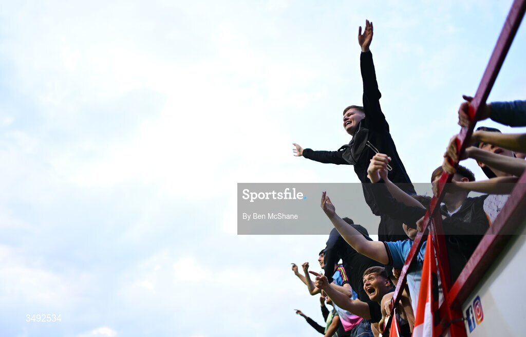 22 June 2026; Bohemians supporters celebrate after their side's third goal, scored by Ross Tierney, not pictured, during the SSE Airtricity Men’s Premier Division match between Shelbourne and Bohemians at Tolka Park in Dublin. Photo by Ben McShane/Sportsfile