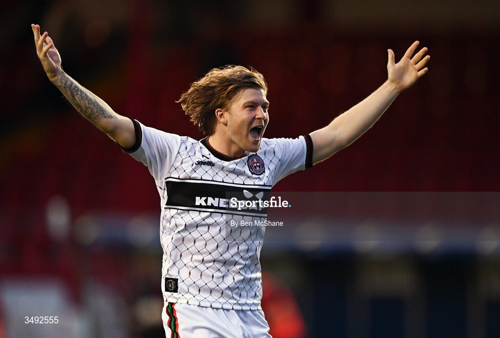 22 June 2026; Harry Vaughan of Bohemians celebrates after the SSE Airtricity Men’s Premier Division match between Shelbourne and Bohemians at Tolka Park in Dublin. Photo by Ben McShane/Sportsfile