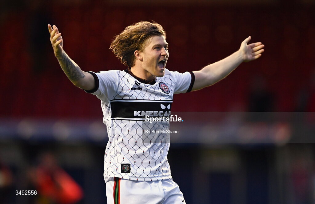 22 June 2026; Harry Vaughan of Bohemians celebrates after the SSE Airtricity Men’s Premier Division match between Shelbourne and Bohemians at Tolka Park in Dublin. Photo by Ben McShane/Sportsfile