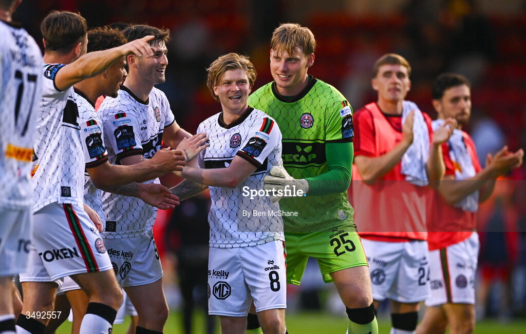 22 June 2026; Harry Vaughan of Bohemians with teammates after the SSE Airtricity Men’s Premier Division match between Shelbourne and Bohemians at Tolka Park in Dublin. Photo by Ben McShane/Sportsfile
