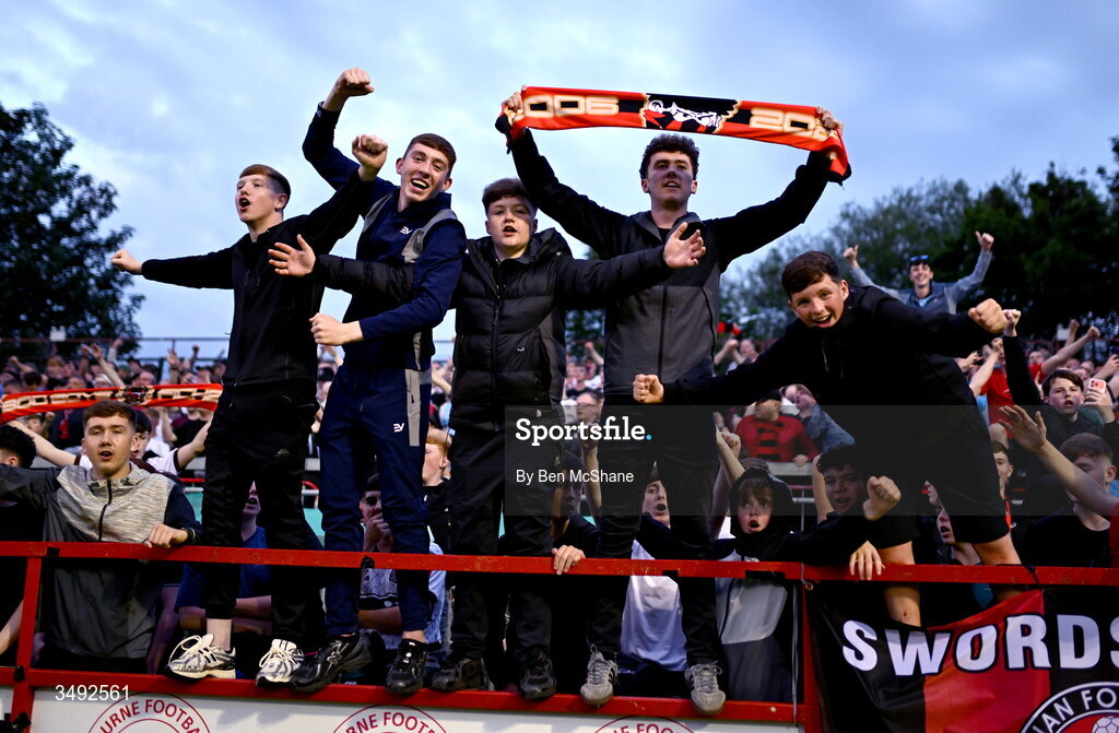 22 June 2026; Bohemians supporters celebrate after the SSE Airtricity Men’s Premier Division match between Shelbourne and Bohemians at Tolka Park in Dublin. Photo by Ben McShane/Sportsfile