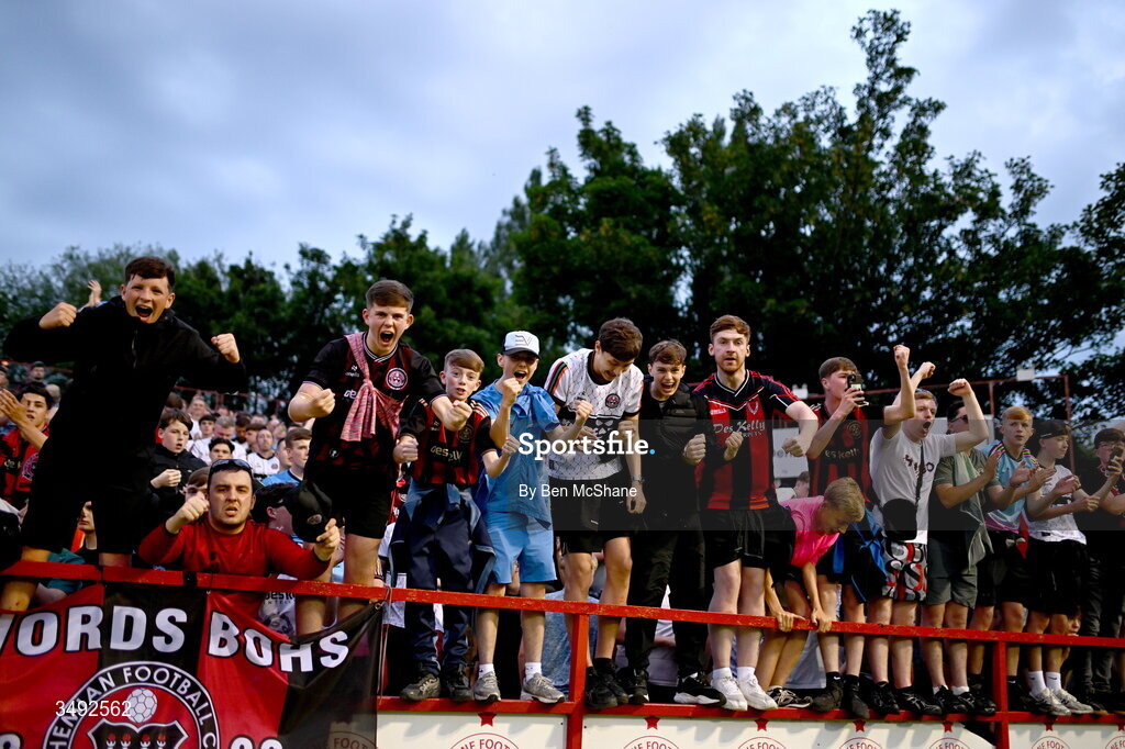 22 June 2026; Bohemians supporters celebrate after the SSE Airtricity Men’s Premier Division match between Shelbourne and Bohemians at Tolka Park in Dublin. Photo by Ben McShane/Sportsfile