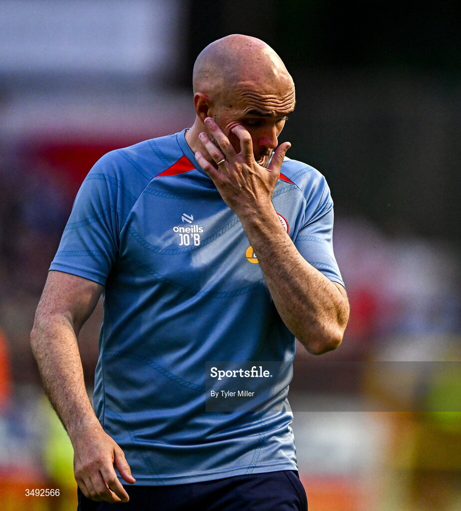 22 June 2026; Shelbourne head coach Joey O'Brien reacts after the SSE Airtricity Men’s Premier Division match between Shelbourne and Bohemians at Tolka Park in Dublin. Photo by Tyler Miller/Sportsfile