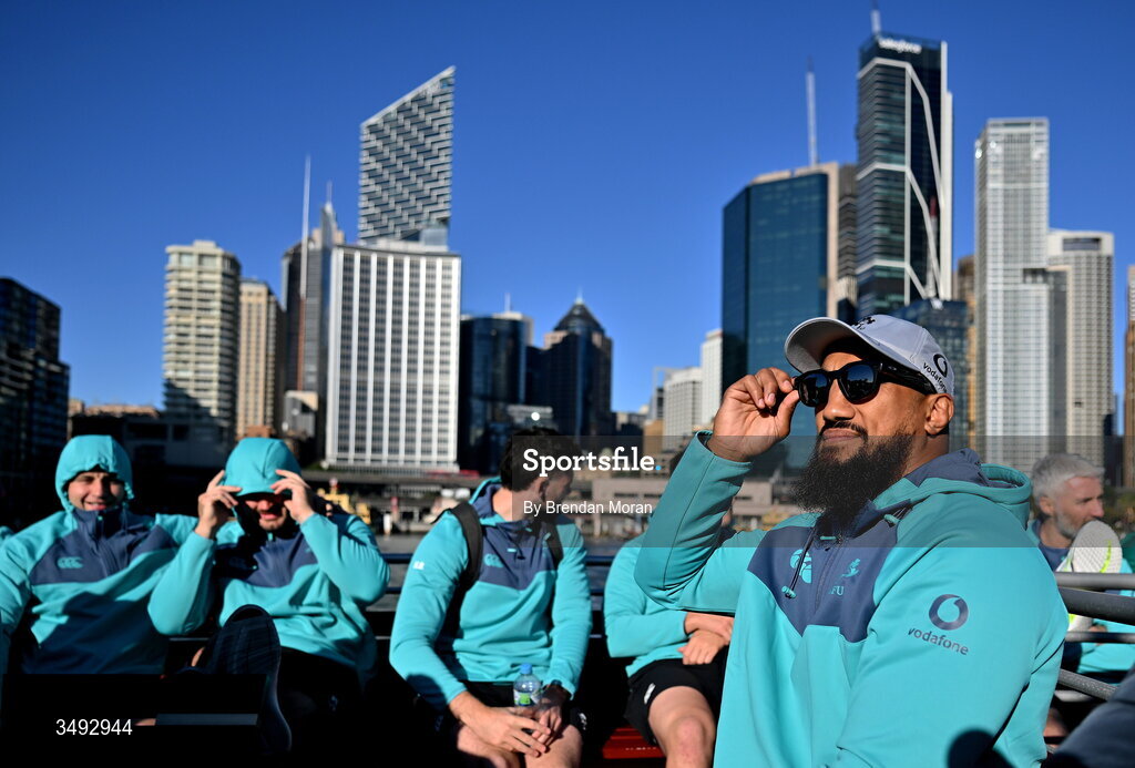 24 June 2026; Bundee Aki as the Ireland rugby squad take a ferry to Manly in Sydney ahead of their opening round fixture against Australia in the southern hemisphere portion of the inaugural Rugby Nations Championship. Ireland face Australia at the Allianz Stadium in Sydney on July 4th. Photo by Brendan Moran/Sportsfile