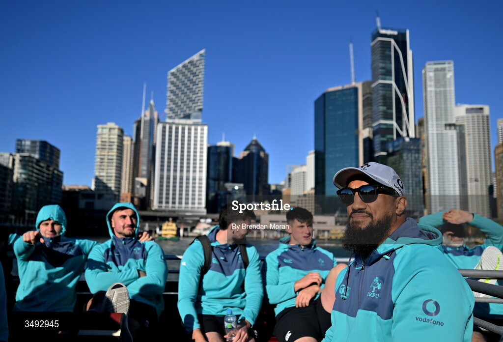 24 June 2026; Bundee Aki as the Ireland rugby squad take a ferry to Manly in Sydney ahead of their opening round fixture against Australia in the southern hemisphere portion of the inaugural Rugby Nations Championship. Ireland face Australia at the Allianz Stadium in Sydney on July 4th. Photo by Brendan Moran/Sportsfile
