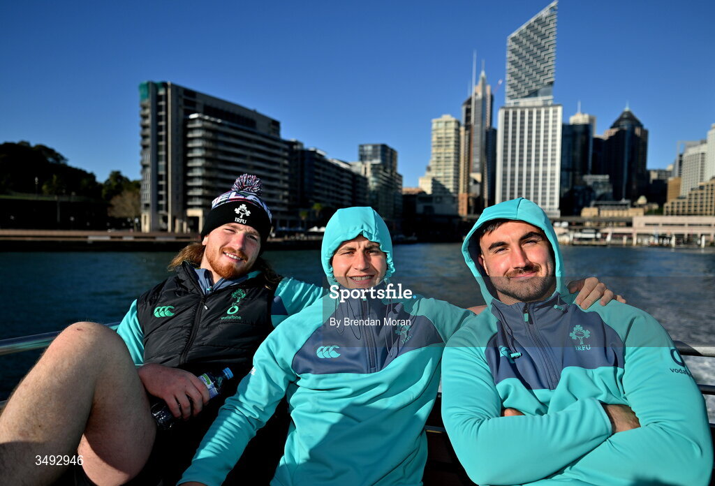 24 June 2026; Ireland players, from left, Joe McCarthy , Craig Casey and Rónan Kelleher take a ferry to Manly in Sydney ahead of their opening round fixture against Australia in the southern hemisphere portion of the inaugural Rugby Nations Championship. Ireland face Australia at the Allianz Stadium in Sydney on July 4th. Photo by Brendan Moran/Sportsfile
