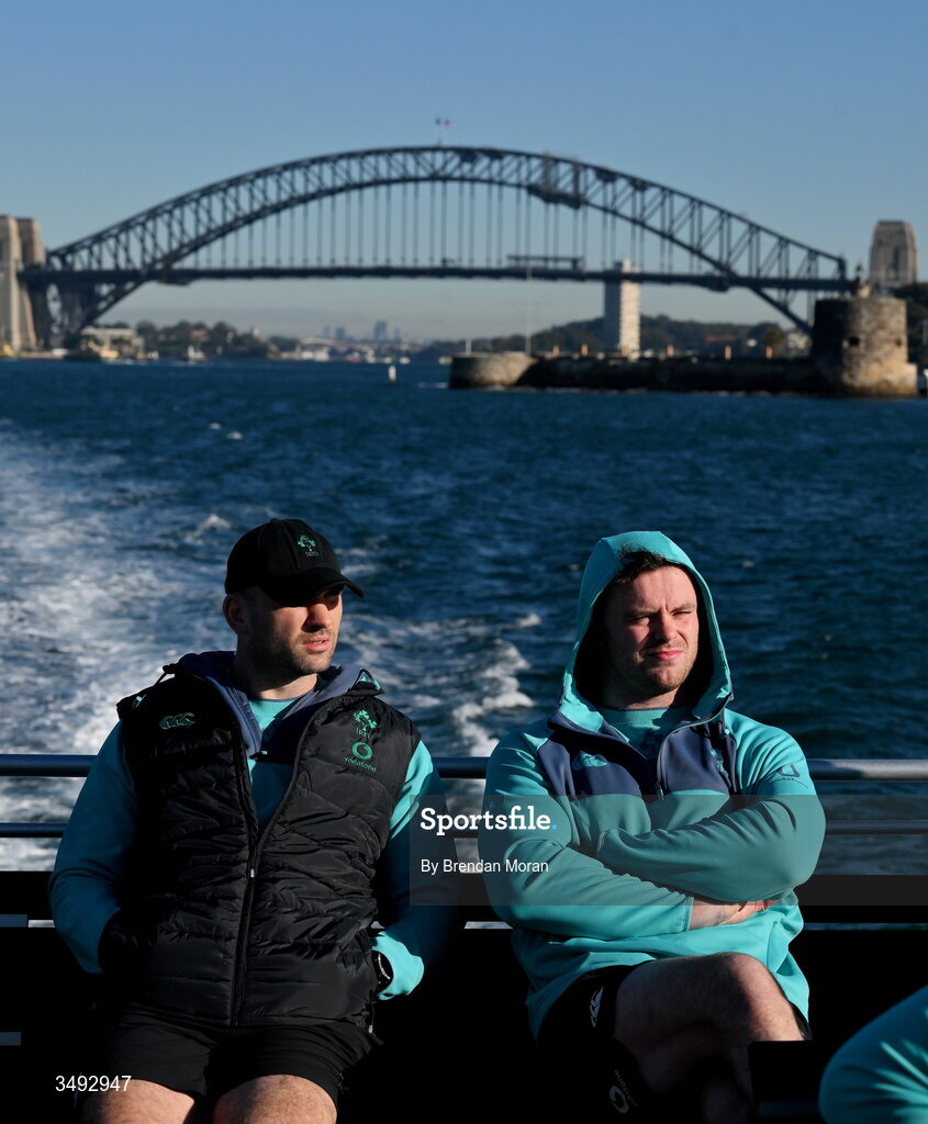 24 June 2026; Tadhg Beirne, left, and James Ryan as the Ireland rugby squad take a ferry to Manly in Sydney ahead of their opening round fixture against Australia in the southern hemisphere portion of the inaugural Rugby Nations Championship. Ireland face Australia at the Allianz Stadium in Sydney on July 4th. Photo by Brendan Moran/Sportsfile