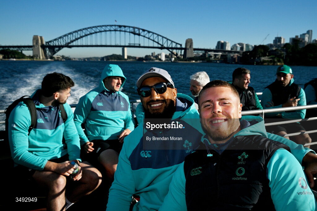 24 June 2026; Ireland players Bundee Aki, left, and Sean Jansen take a ferry to Manly in Sydney ahead of their opening round fixture against Australia in the southern hemisphere portion of the inaugural Rugby Nations Championship. Ireland face Australia at the Allianz Stadium in Sydney on July 4th. Photo by Brendan Moran/Sportsfile