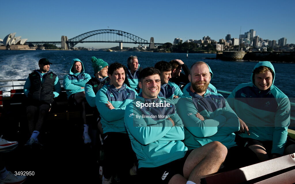 24 June 2026; Ireland players Tom Stewart, Jimmy O'Brien, Jeremy Loughman and Cian Prendergast take a ferry to Manly in Sydney ahead of their opening round fixture against Australia in the southern hemisphere portion of the inaugural Rugby Nations Championship. Ireland face Australia at the Allianz Stadium in Sydney on July 4th. Photo by Brendan Moran/Sportsfile