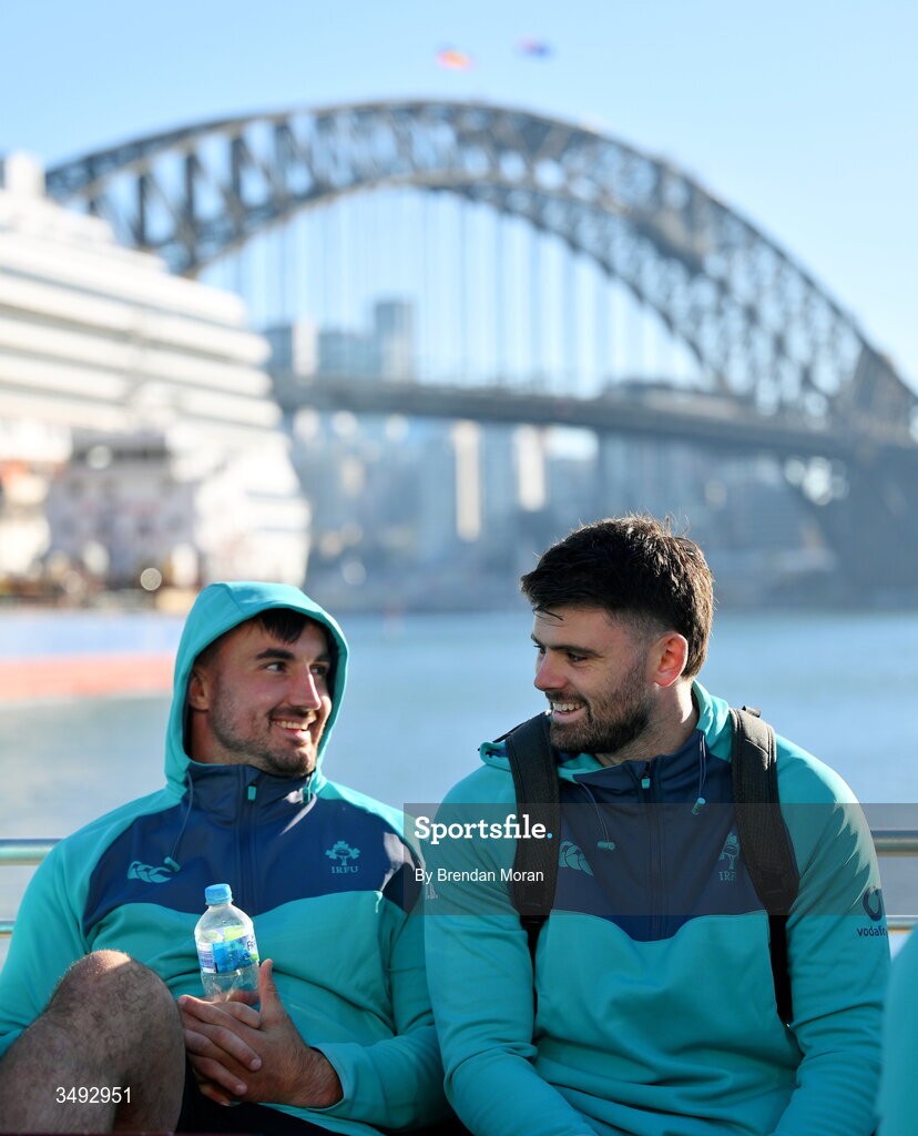 24 June 2026; Rónan Kelleher, left, and Harry Byrne as the Ireland rugby squad take a ferry to Manly in Sydney ahead of their opening round fixture against Australia in the southern hemisphere portion of the inaugural Rugby Nations Championship. Ireland face Australia at the Allianz Stadium in Sydney on July 4th. Photo by Brendan Moran/Sportsfile