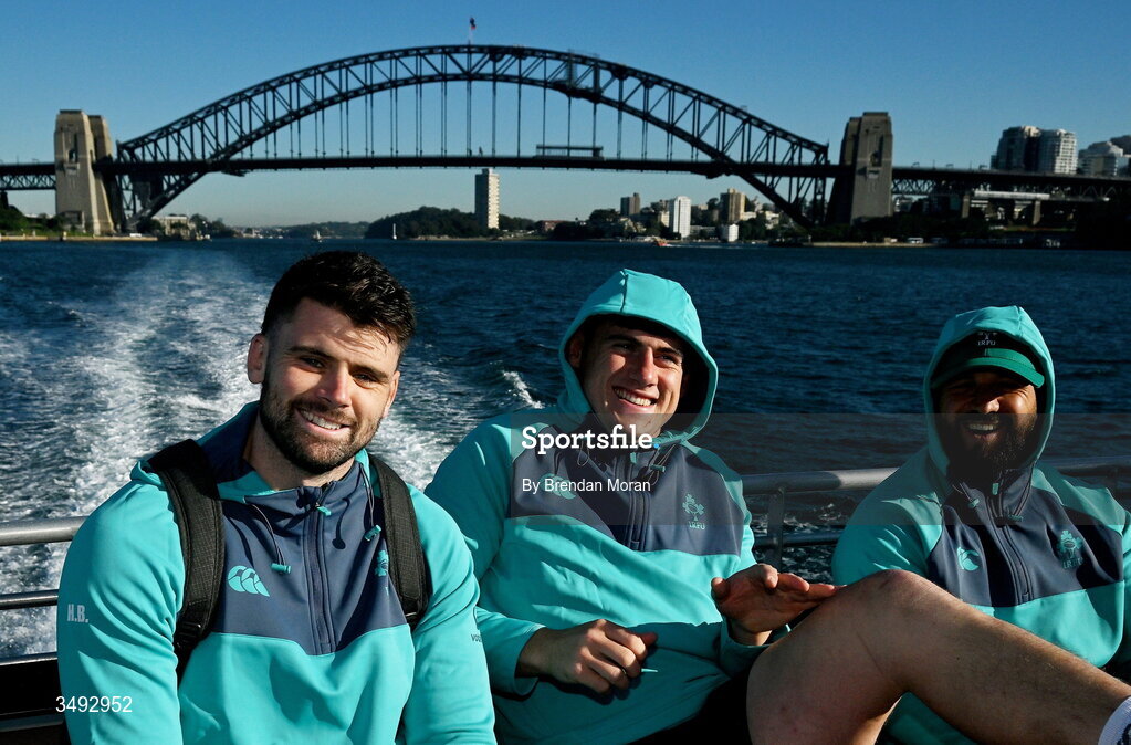 24 June 2026; Ireland players, from left, Harry Byrne, Dan Sheehan and Jamison Gibson-Park take a ferry to Manly in Sydney ahead of their opening round fixture against Australia in the southern hemisphere portion of the inaugural Rugby Nations Championship. Ireland face Australia at the Allianz Stadium in Sydney on July 4th. Photo by Brendan Moran/Sportsfile