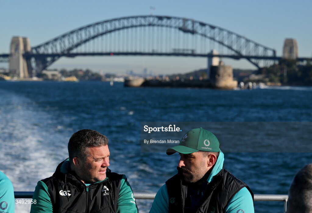 24 June 2026; National scrum coach John Fogarty, left, and Jack Conan as the Ireland rugby squad take a ferry to Manly in Sydney ahead of their opening round fixture against Australia in the southern hemisphere portion of the inaugural Rugby Nations Championship. Ireland face Australia at the Allianz Stadium in Sydney on July 4th. Photo by Brendan Moran/Sportsfile