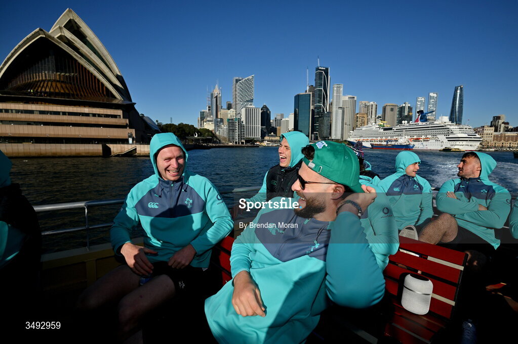 24 June 2026; Ireland players, from left, Ciarán Frawley, Sam Prendergast and Robbie Henshaw take a ferry to Manly in Sydney ahead of their opening round fixture against Australia in the southern hemisphere portion of the inaugural Rugby Nations Championship. Ireland face Australia at the Allianz Stadium in Sydney on July 4th. Photo by Brendan Moran/Sportsfile