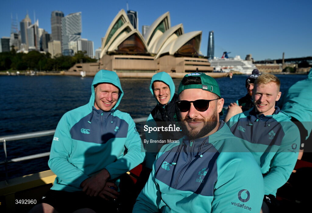 24 June 2026; Ireland players, from left, Ciarán Frawley, Sam Prendergast, Robbie Henshaw and Jamie Osborne take a ferry to Manly in Sydney ahead of their opening round fixture against Australia in the southern hemisphere portion of the inaugural Rugby Nations Championship. Ireland face Australia at the Allianz Stadium in Sydney on July 4th. Photo by Brendan Moran/Sportsfile