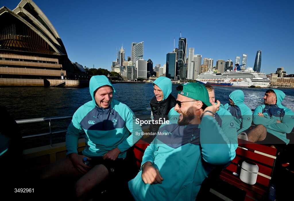 24 June 2026; Ireland players, from left, Ciarán Frawley, Sam Prendergast and Robbie Henshaw take a ferry to Manly in Sydney ahead of their opening round fixture against Australia in the southern hemisphere portion of the inaugural Rugby Nations Championship. Ireland face Australia at the Allianz Stadium in Sydney on July 4th. Photo by Brendan Moran/Sportsfile