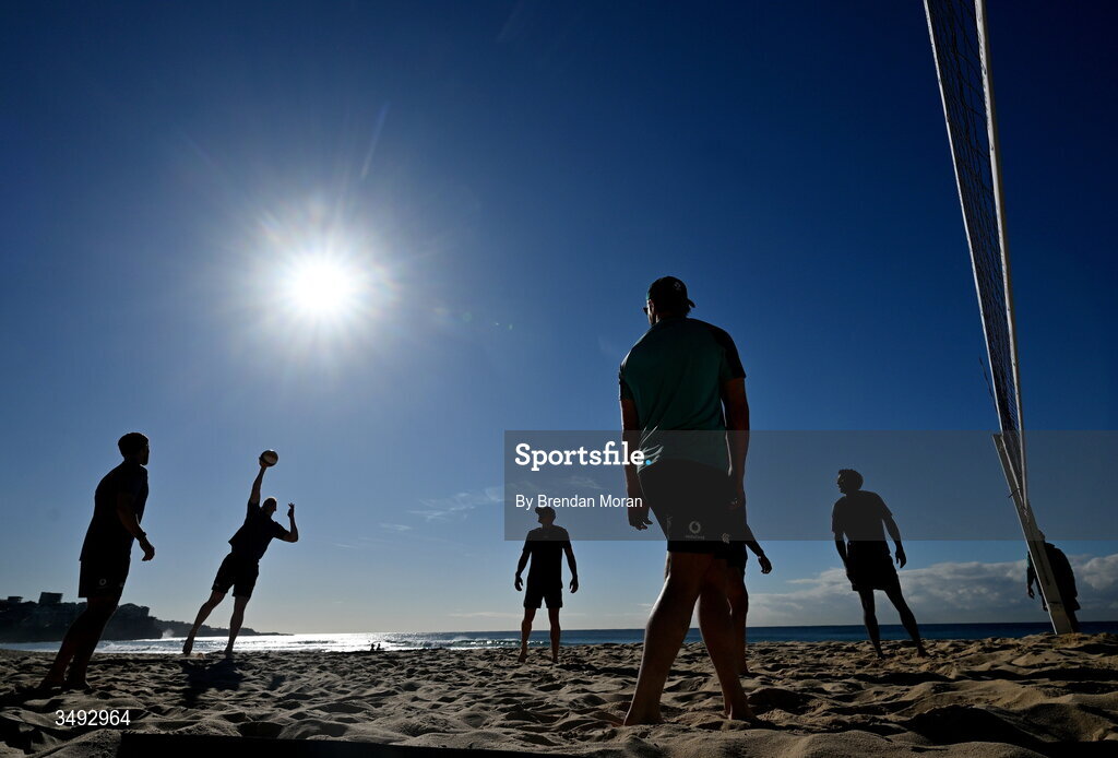 24 June 2026; Ireland rugby squad member Jamie Osborne as the squad relaxed with a game of beach volleyball on Manly Beach in Sydney, Australia. Photo by Brendan Moran/Sportsfile