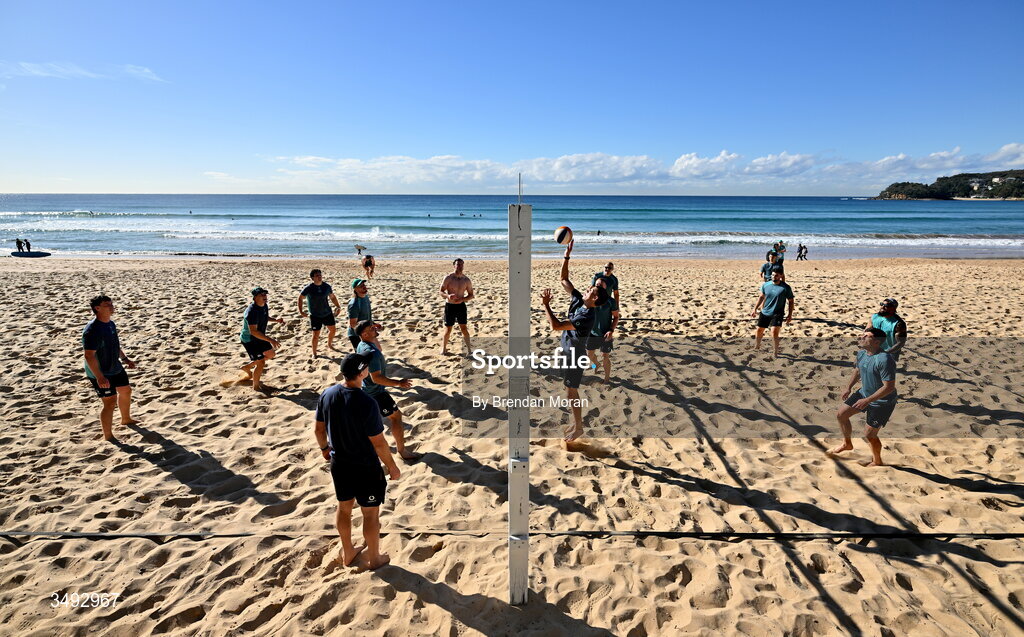 24 June 2026; Ireland rugby squad member Sam Prendergast and teammates as the squad relaxed with a game of beach volleyball on Manly Beach in Sydney, Australia. Photo by Brendan Moran/Sportsfile