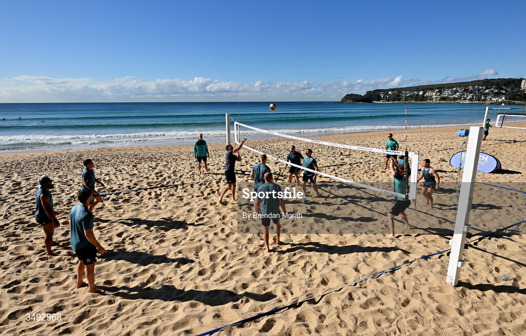 24 June 2026; Members of the Ireland rugby squad relax with a game of beach volleyball on Manly Beach in Sydney, Australia. Photo by Brendan Moran/Sportsfile