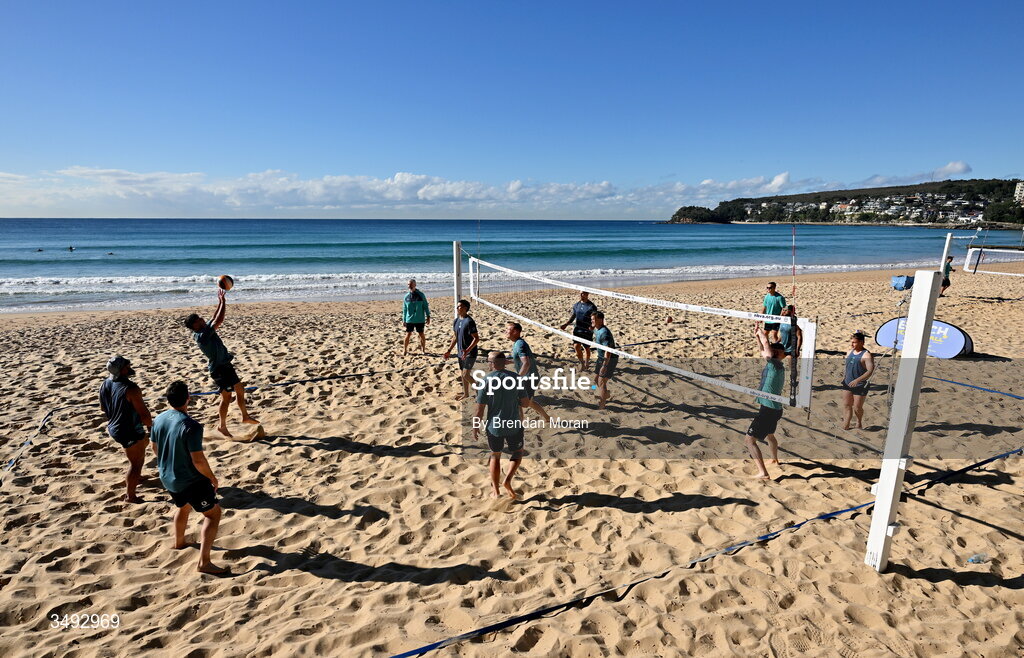 24 June 2026; Members of the Ireland rugby squad relax with a game of beach volleyball on Manly Beach in Sydney, Australia. Photo by Brendan Moran/Sportsfile